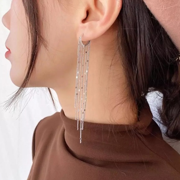 Silver geometric dangle tassel drop earrings - Picture 3 of 7